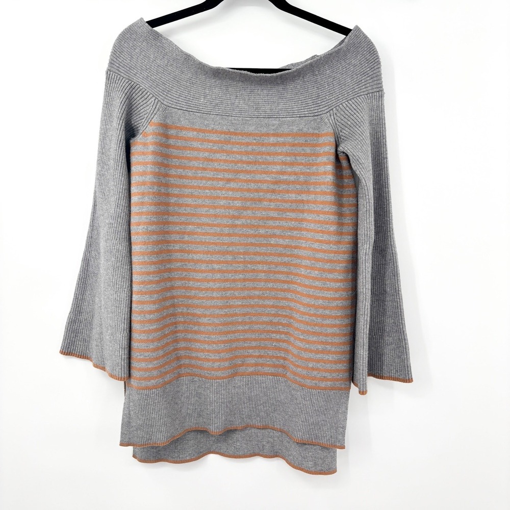 Anthropologie Elise Off Shoulder Ribbed Striped Tunic Sweater Gray Size S Bell